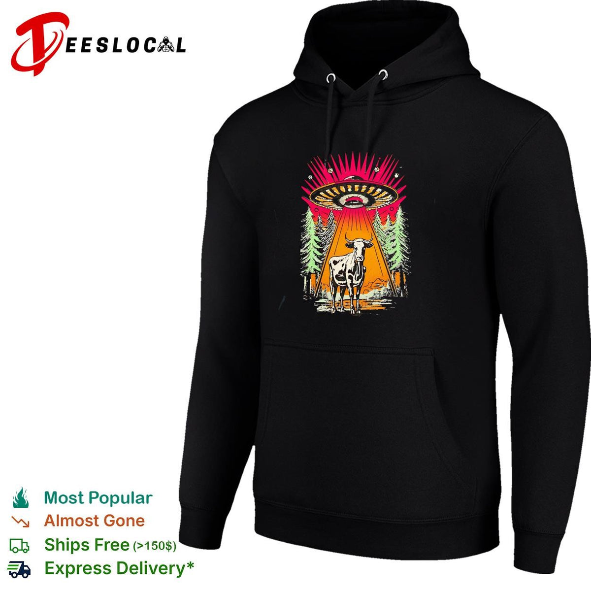 UFO alien cow abduction forest night retro graphic shirt