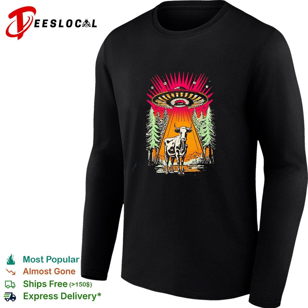 UFO alien cow abduction forest night retro graphic shirt
