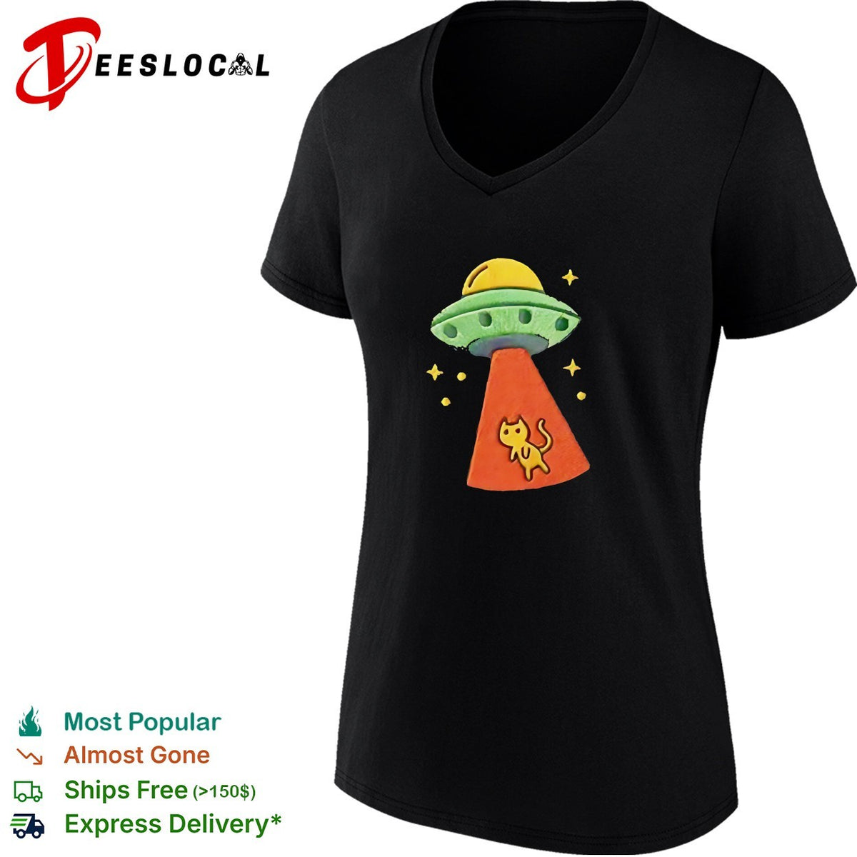 UFO alien spaceship abducting cat embroidered space humor shirt