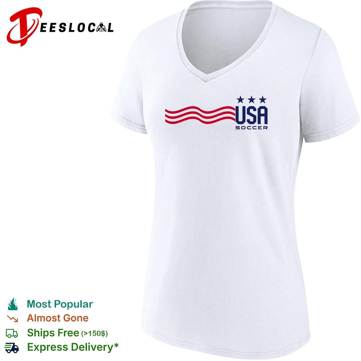 USA Soccer wavy stripes flag three stars minimal white shirt