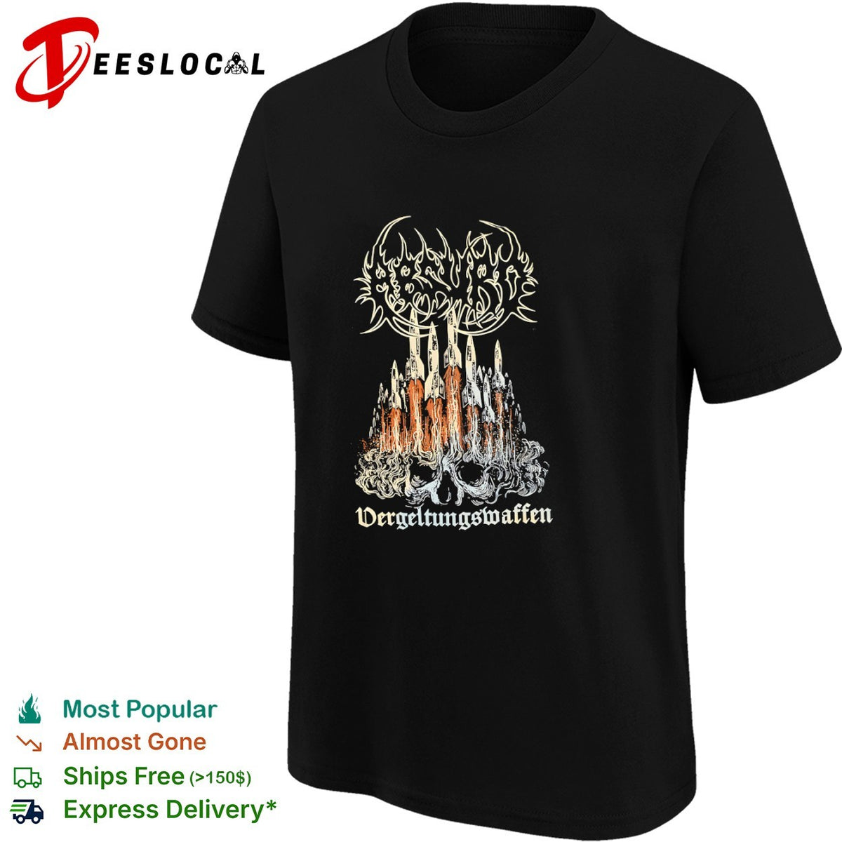 Vergeltungswaffen V2 Rocket Skull Metal Band Logo Black Heavy Metal Concert shirt
