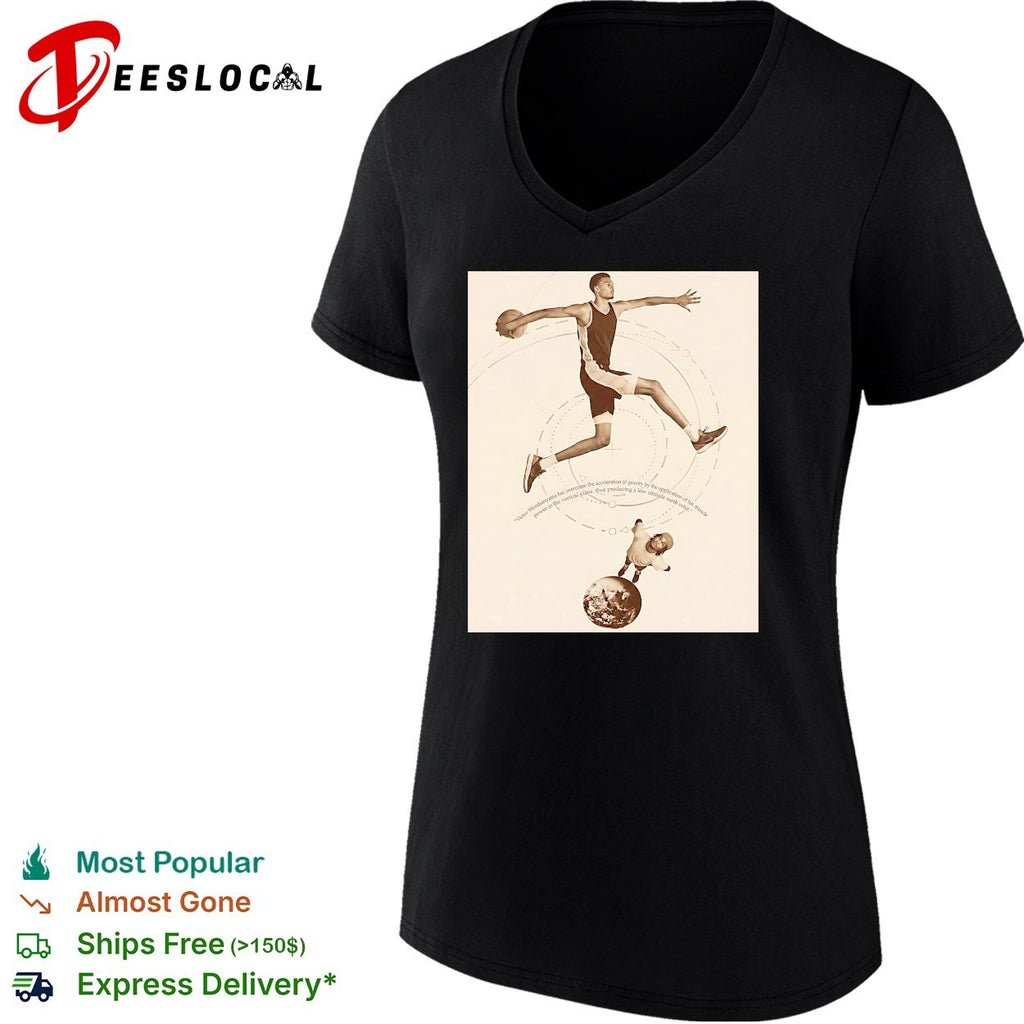Victor Wembanyama leaping over globe gravity science diagram sepia art shirt