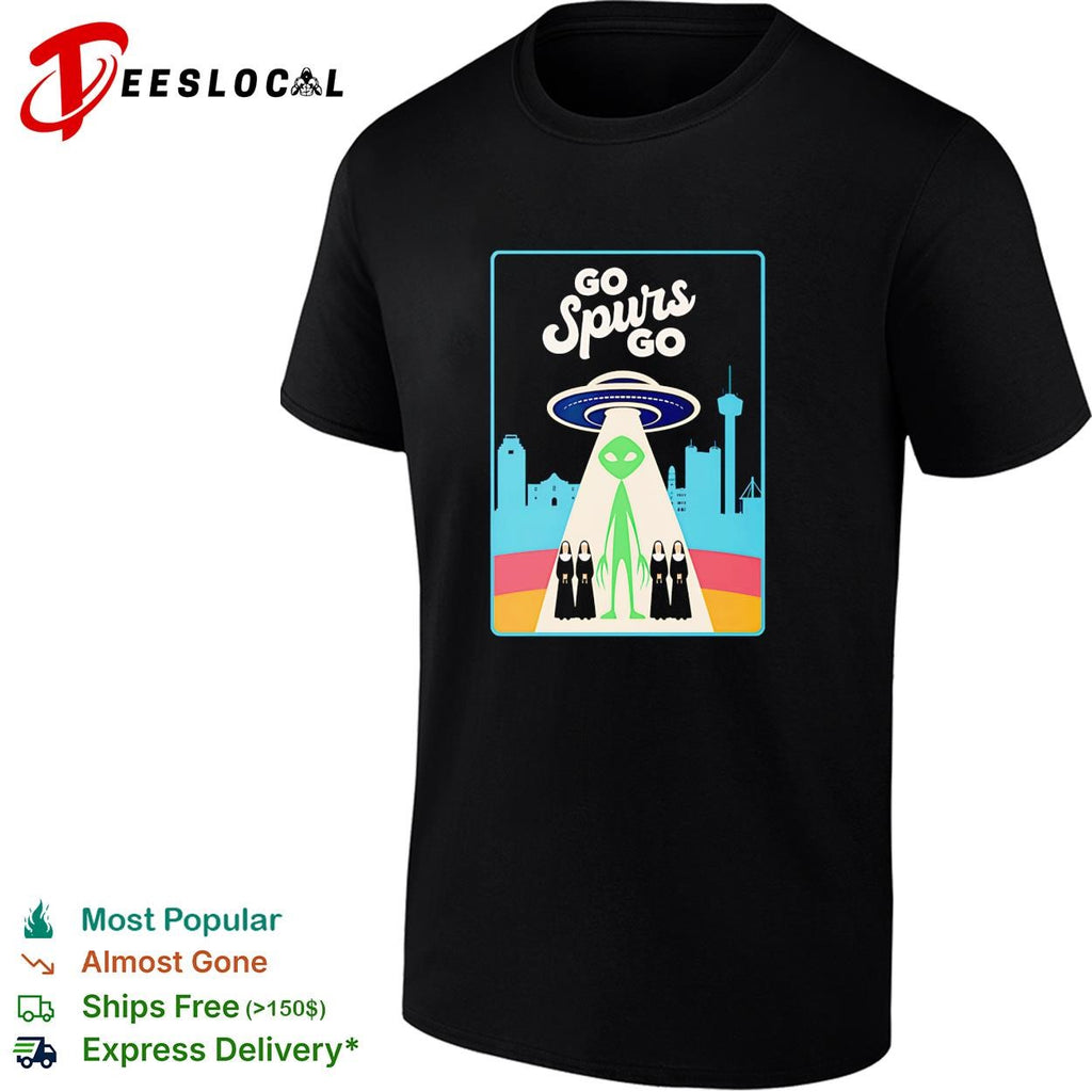Victor Wemby Go Spurs Go alien UFO abduction San Antonio skyline retro poster shirt