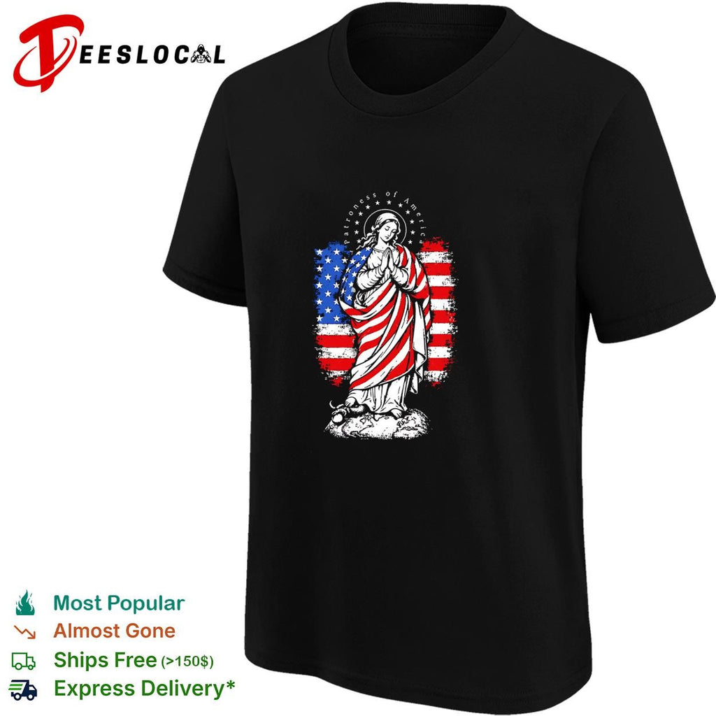 Virgin Mary praying wrapped in American flag patriotic religious graphic shirt