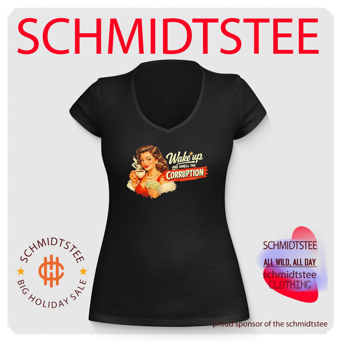 Wake up and smell the corruption lady holding coffee graphic shirt