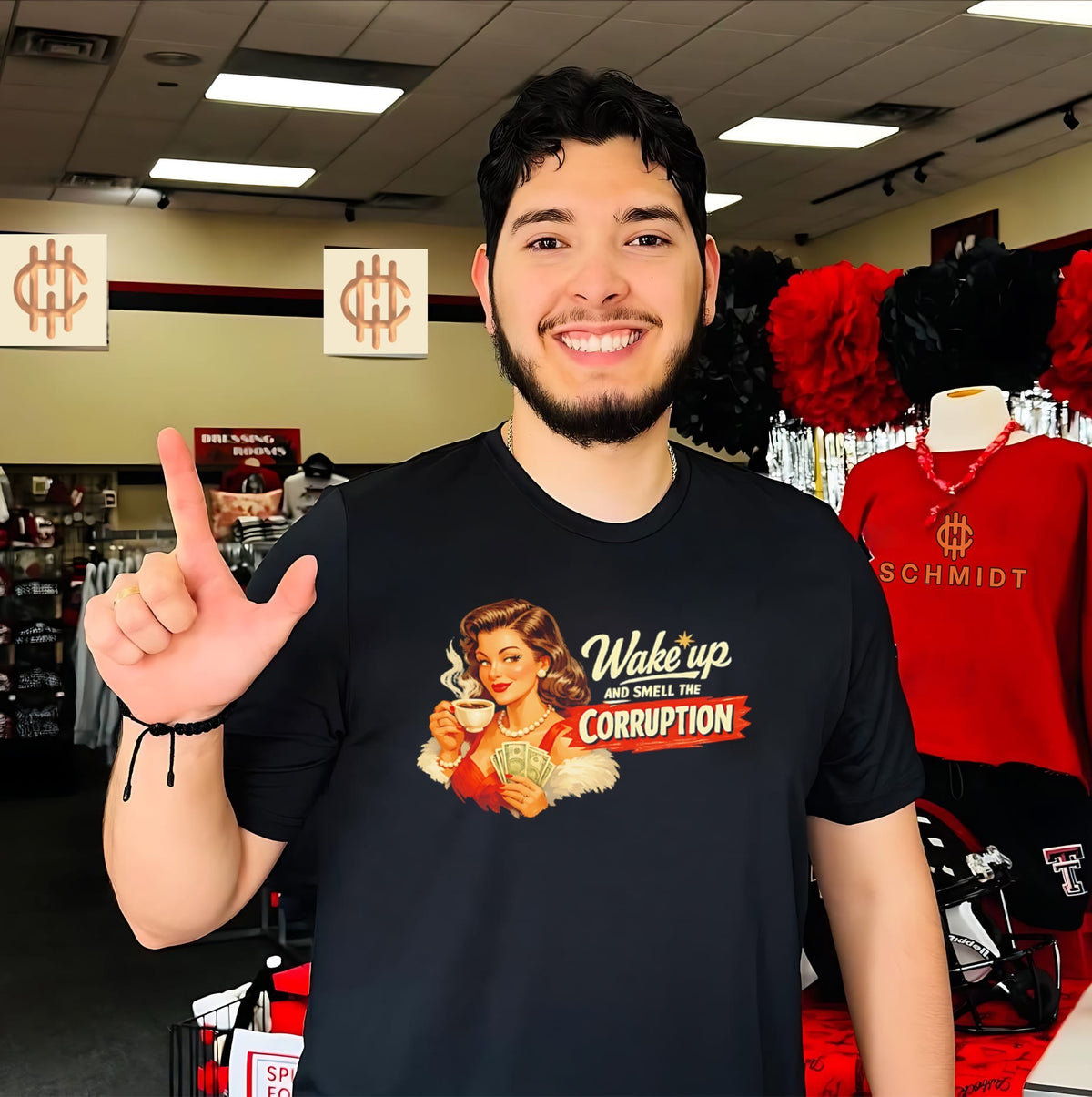 Wake up and smell the corruption lady holding coffee graphic shirt