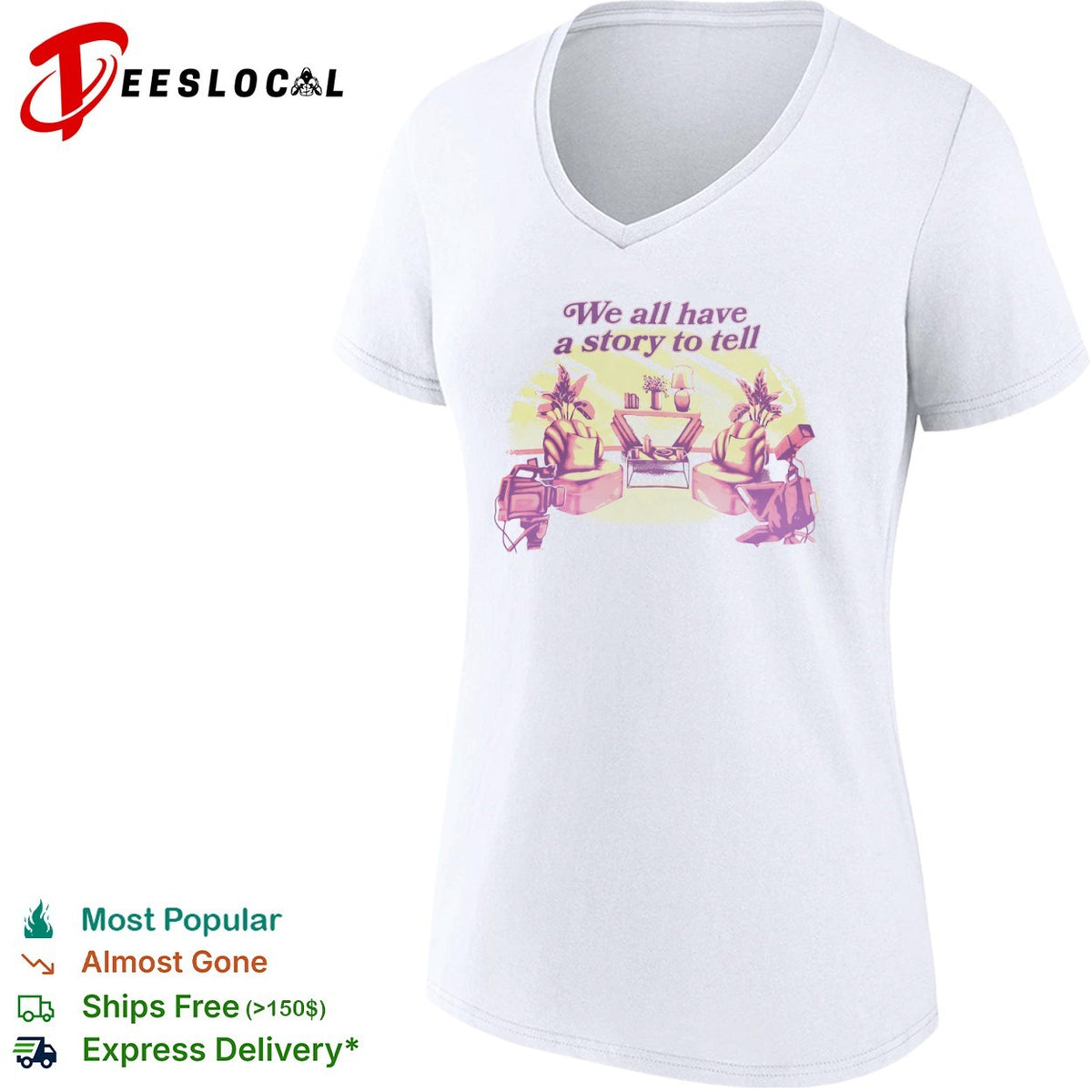 We all have a story to tell talk show studio broadcast camera shirt