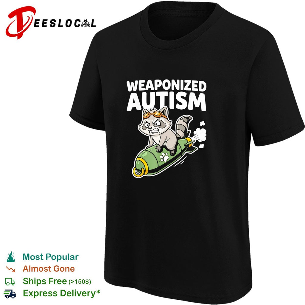 Weaponized autism raccoon riding rocket bomb funny parody humor casual cotton shirt