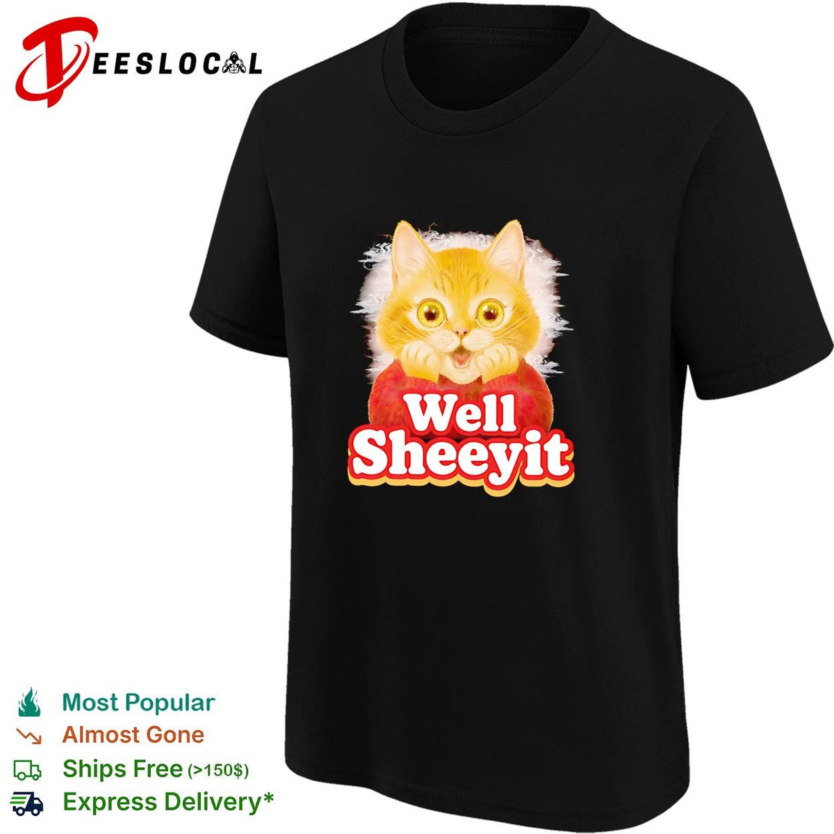 Well Sheeyit surprised orange cat sweater humor bold text shirt