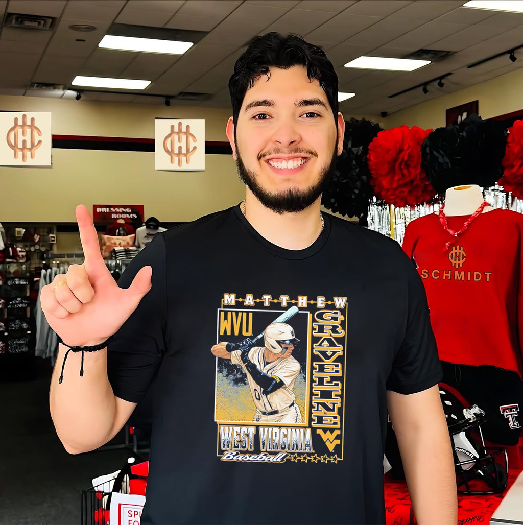 West Virginia Mountaineers Matthew Graveline posing vintage shirt