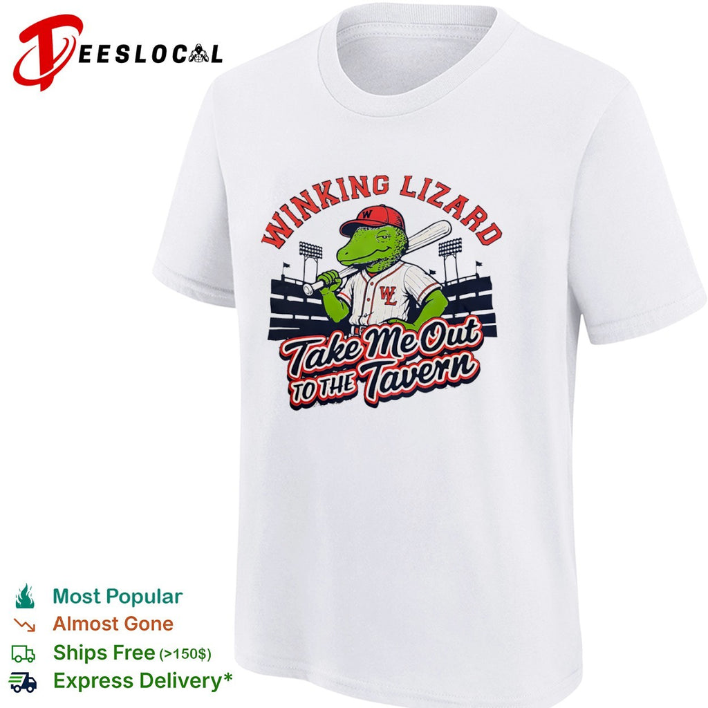 Winking Lizard take me out to the tavern baseball lizard shirt