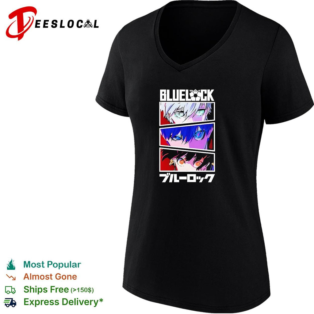 Blue Lock anime character eyes collage bold blue lettering manga graphic shirt