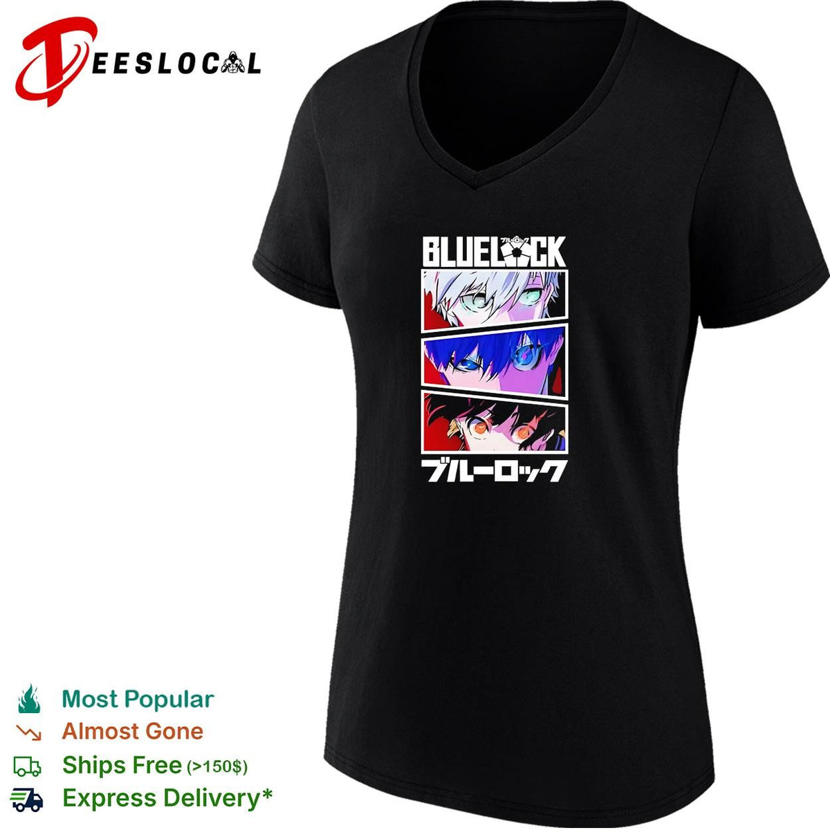 Blue Lock anime character eyes collage bold blue lettering manga graphic shirt