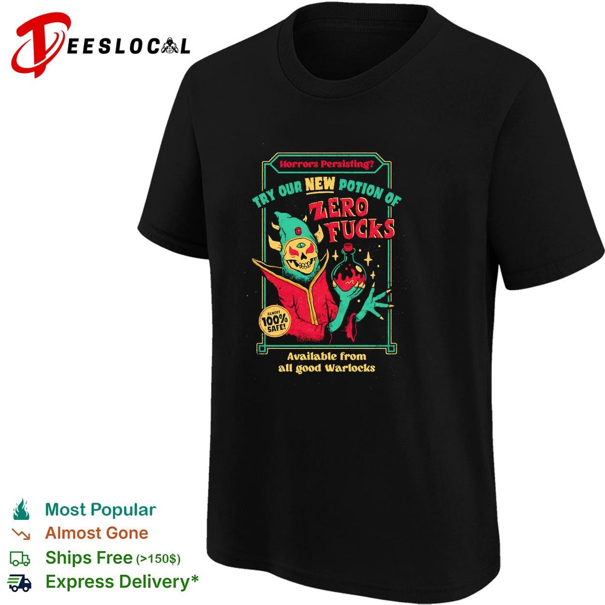 Zero fucks new potion warlocks horror advertisement dark humor shirt