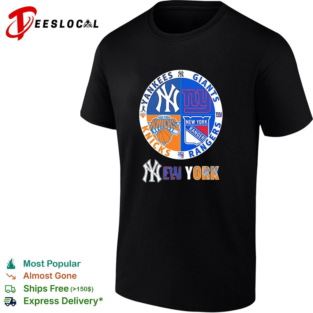 New York Yankees Giants Knicks Rangers four teams circle logo shirt
