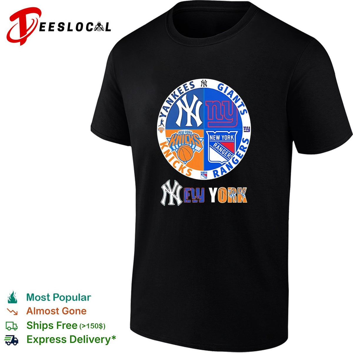 New York Yankees Giants Knicks Rangers four teams circle logo shirt