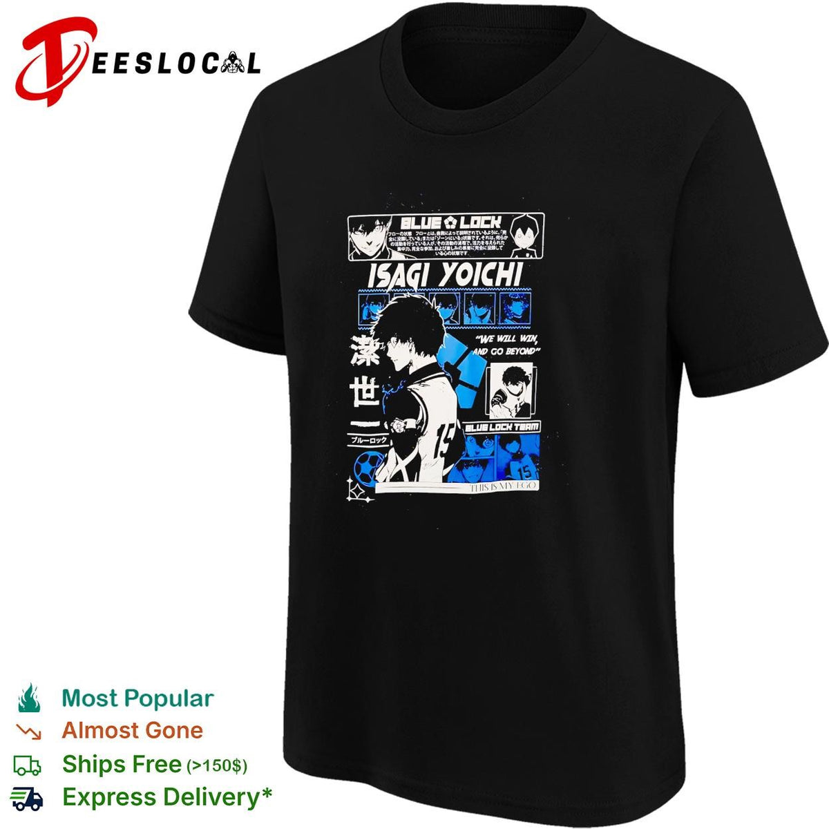 Blue Lock Isagi Yoichi character profile manga panel collage black poster shirt