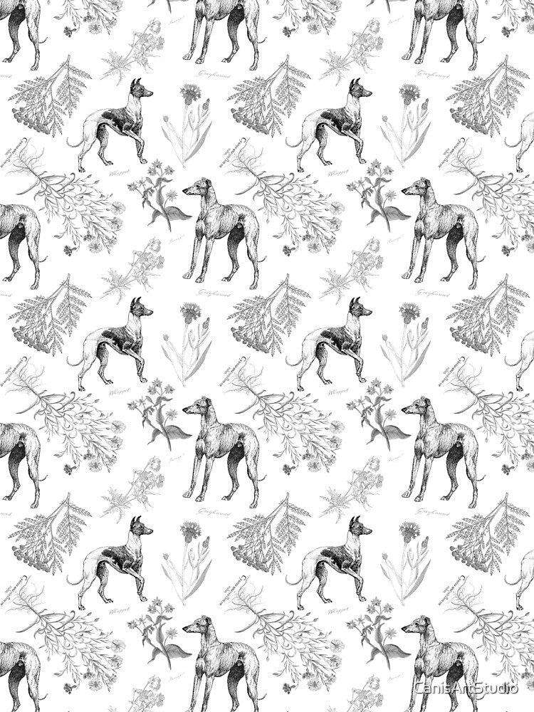 Greyhound Dog and Wildflowers Cottagecore Pattern - Black and White by CanisArtStudio