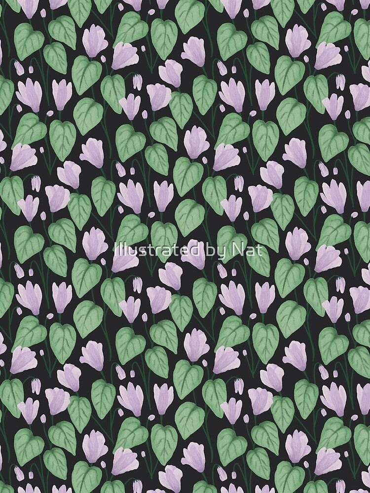 Delicate hand drawn cyclamen trailing floral - Lilac on black by Illustrated by Nat