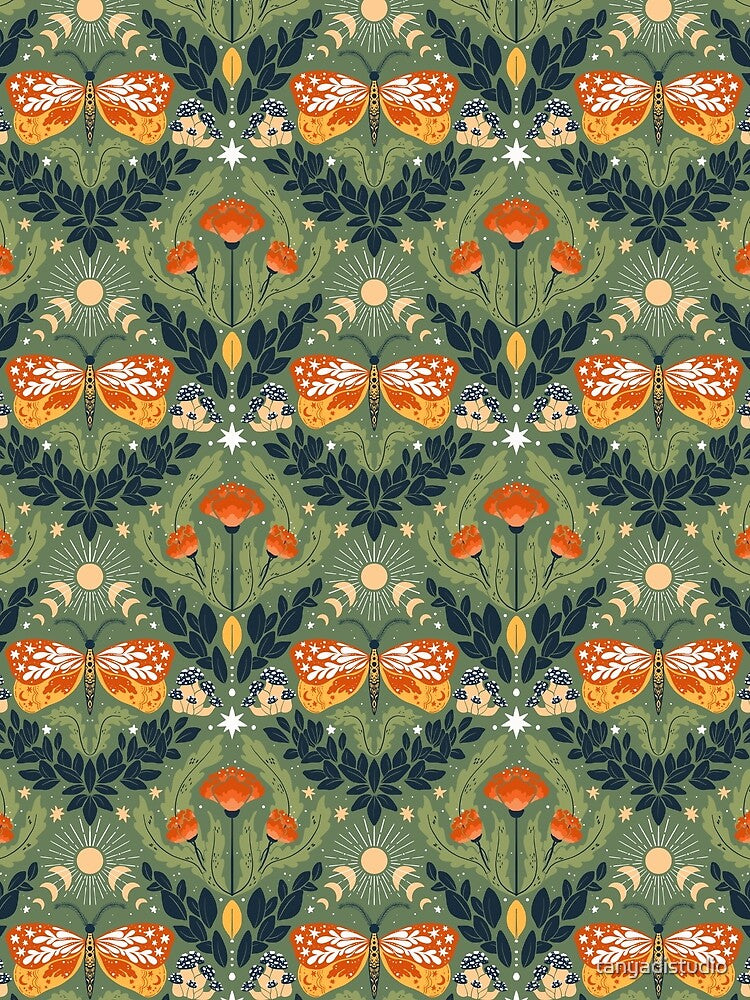 Whimsigoth butterfly florals -  green , orange and red pattern smaller by tanyadistudio