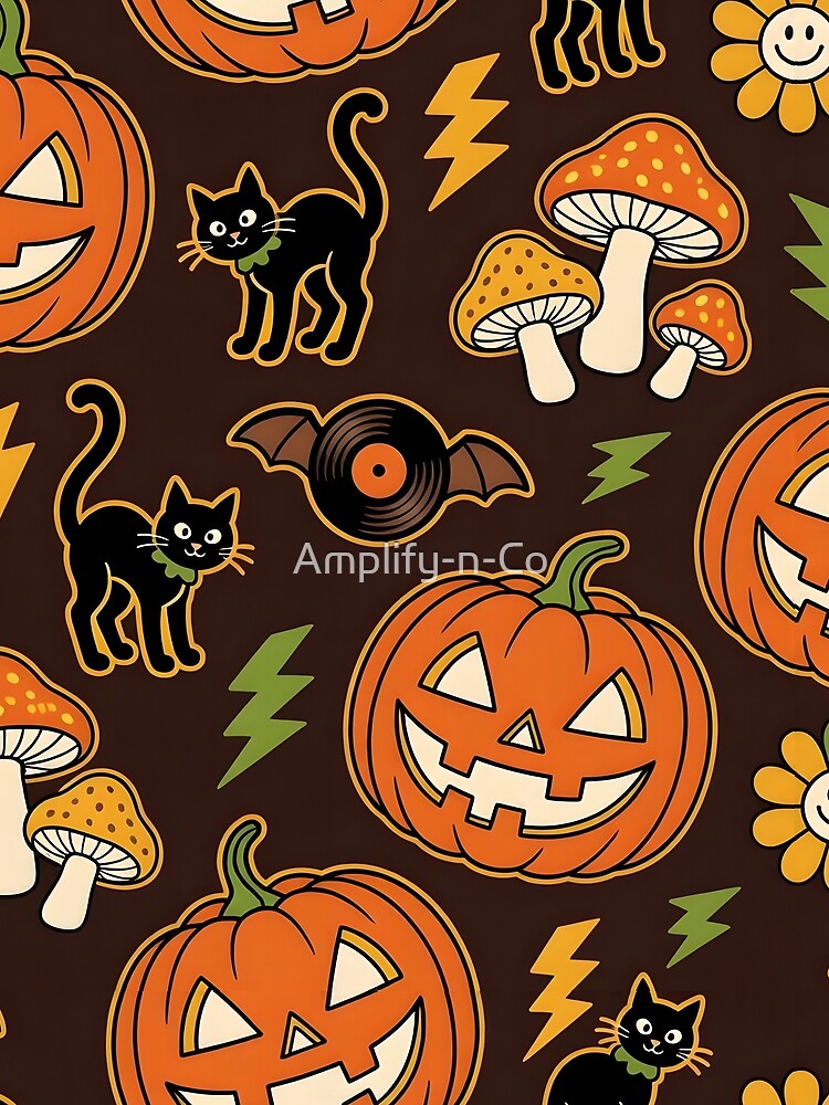 Retro 70s Halloween Groove — Jack-o-Lantern Black Cat Mushroom Vinyl Bat Seamless Pattern by Amplify-n-Co