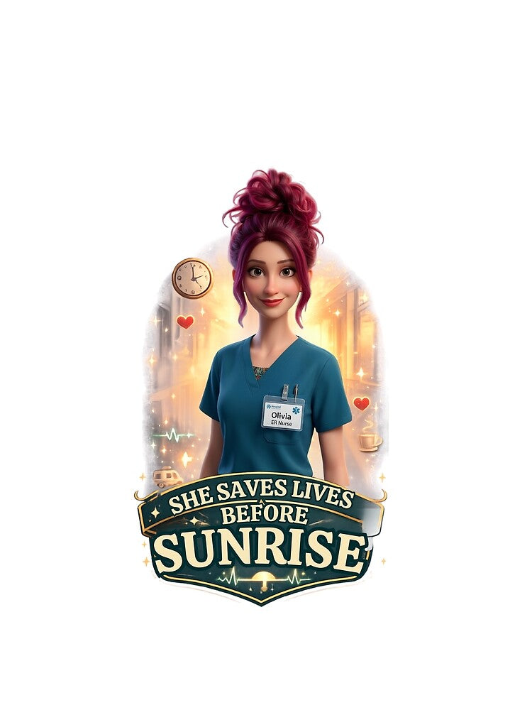 She Saves Lives Before Sunrise Nurse Shirt | ER Nurse Gift | Night Shift Nurse | Cute Chibi Nurse Olivia | Healthcare Worker T-Shirt by Nurse Craft Studio