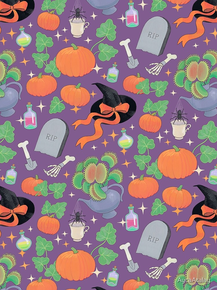 Cottagecore Halloween Pattern with Venus Flytrap by AycaAtalay