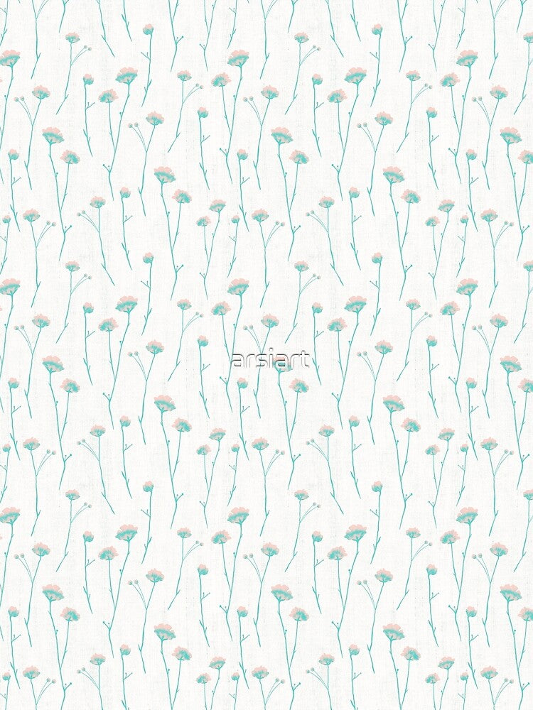 Coral and mint wildflowers. Watercolor linen flowers. Botanical midsummer.  Design #1155. by arsiart