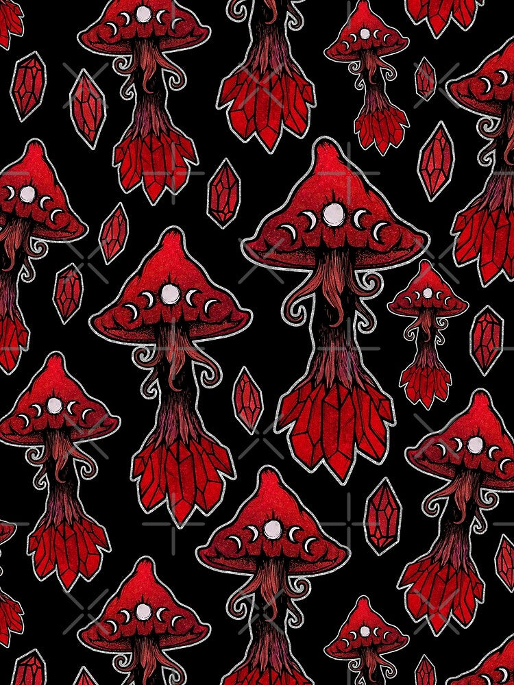 Blood Moon Red Crystal Mushrooms Pattern • Gothic Vampire Shrooms by StudioPurpleOctopus