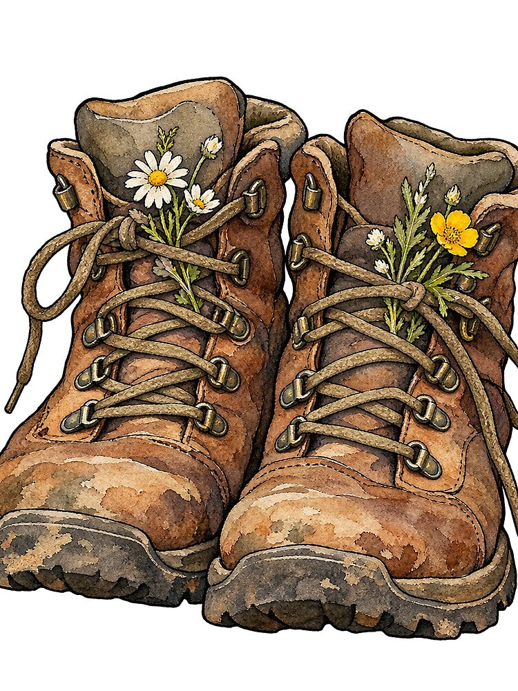 Vintage Hiking Boots with Wildflowers Granola Girl Art by Jessie's Palette