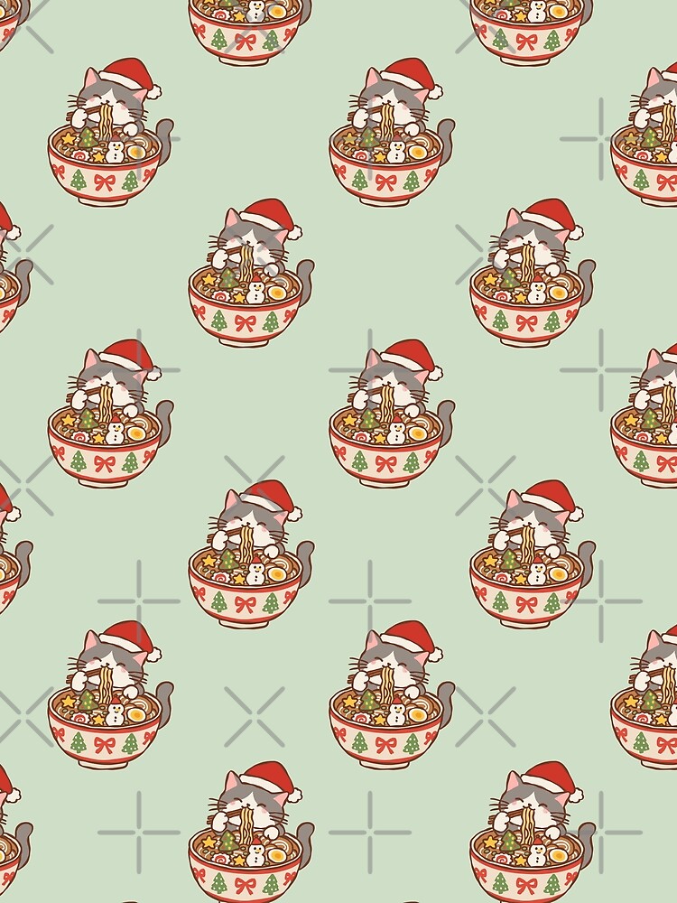 Cat Ramen Christmas – Cute Kawaii Christmas Cat Eating Ramen Noodles by mimiandjasstudio
