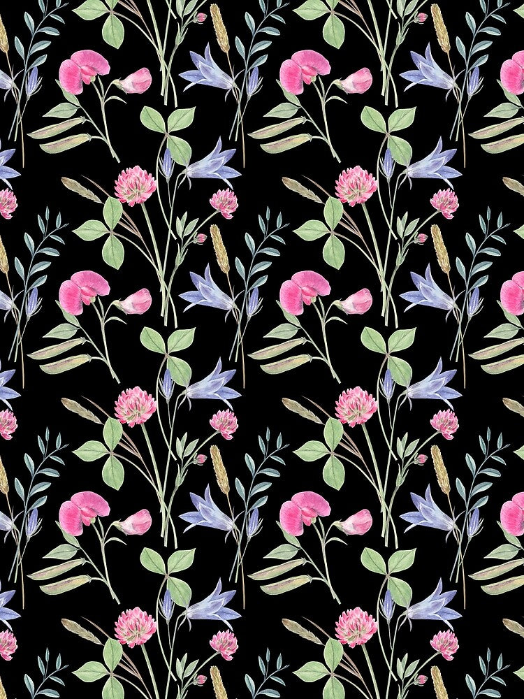 Summer wildflowers pattern on black by Flowersforbear