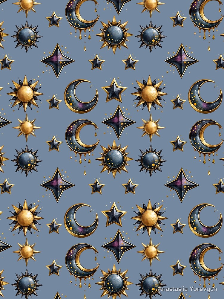 Celestial Sun Moon and Stars Pattern | Mystic Galaxy Watercolor Seamless Cosmic Design by Anastasiia Yurevych