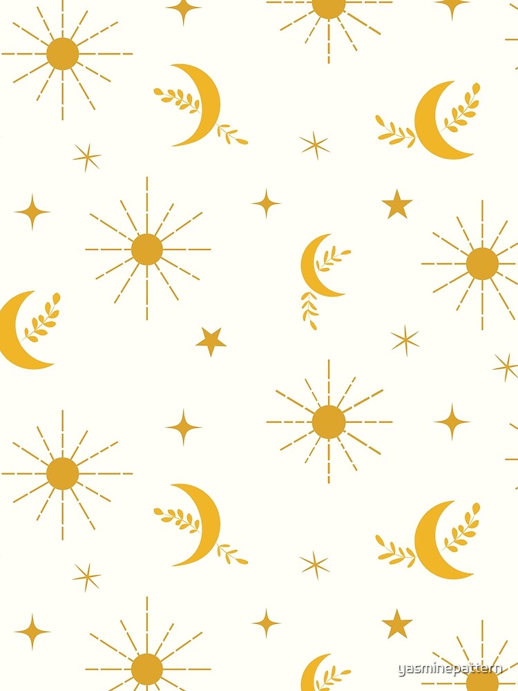 Abstract boho  orange moon and sun  hippie pattern with stars on white by Yasminepatterns