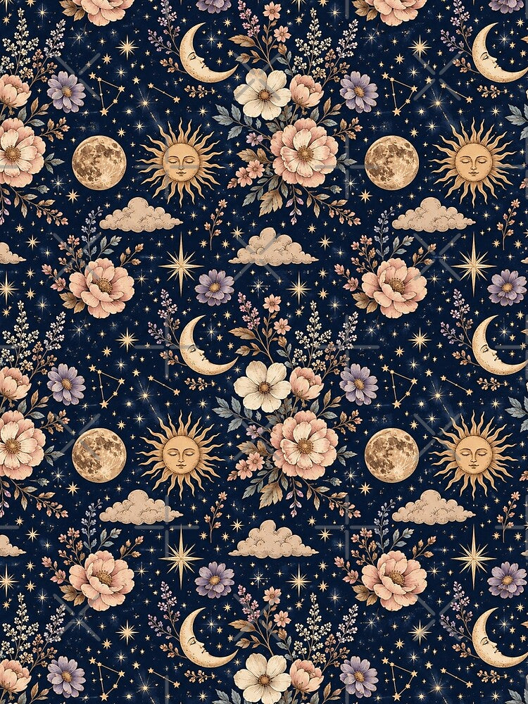 Celestial Moon & Floral Pattern – Mystical Botanical Seamless Design by Creativeeworld777