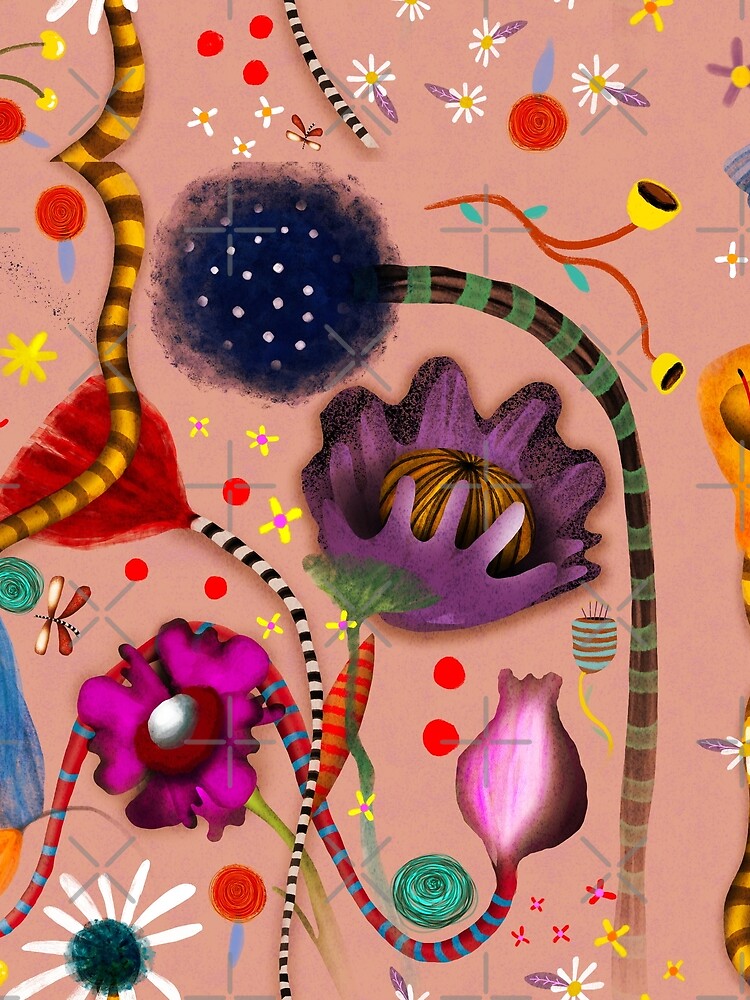 Stripes spots on the stems Peach floral tulips lines stems striped - Ruth Fitta-Schulz art by rupydetequila