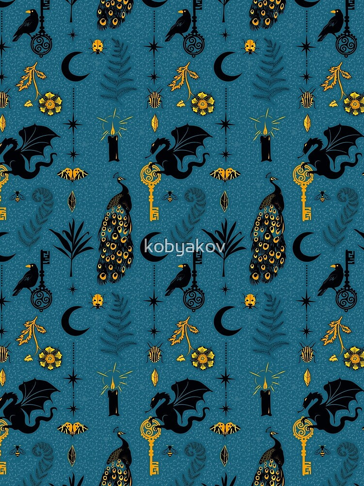 Unlock the dark side - dark teal gothic dragon and raven holding keys by kobyakov