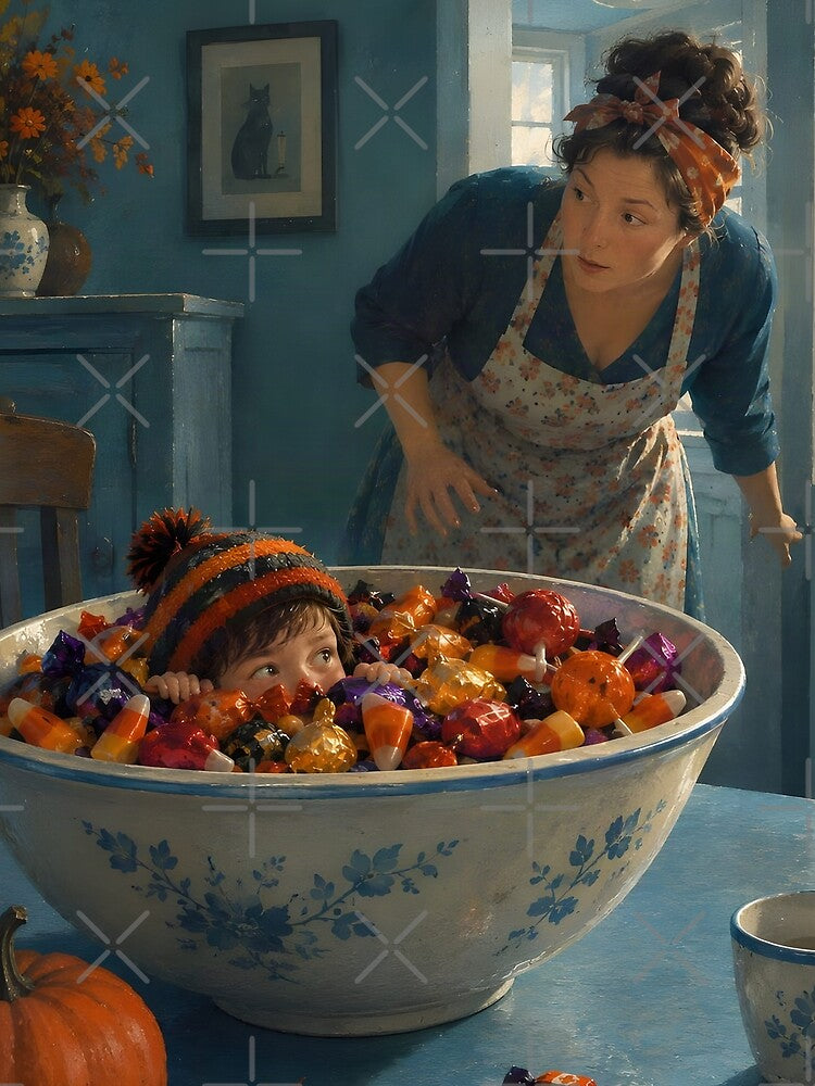 Candy Bowl — Vintage Halloween Woman with Giant Bowl of Candy and Mischievous Child Poster by UrbanTempleArt