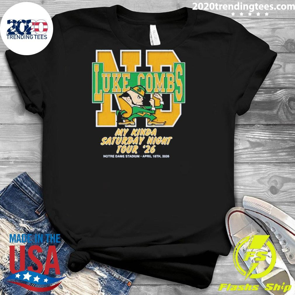 Luke Combs South Bend Indiana 2026 Tour Merch At Notre Dame Stadium April 18 2026 Notre Dame Fighting Irish Big Logo Navy Shirt