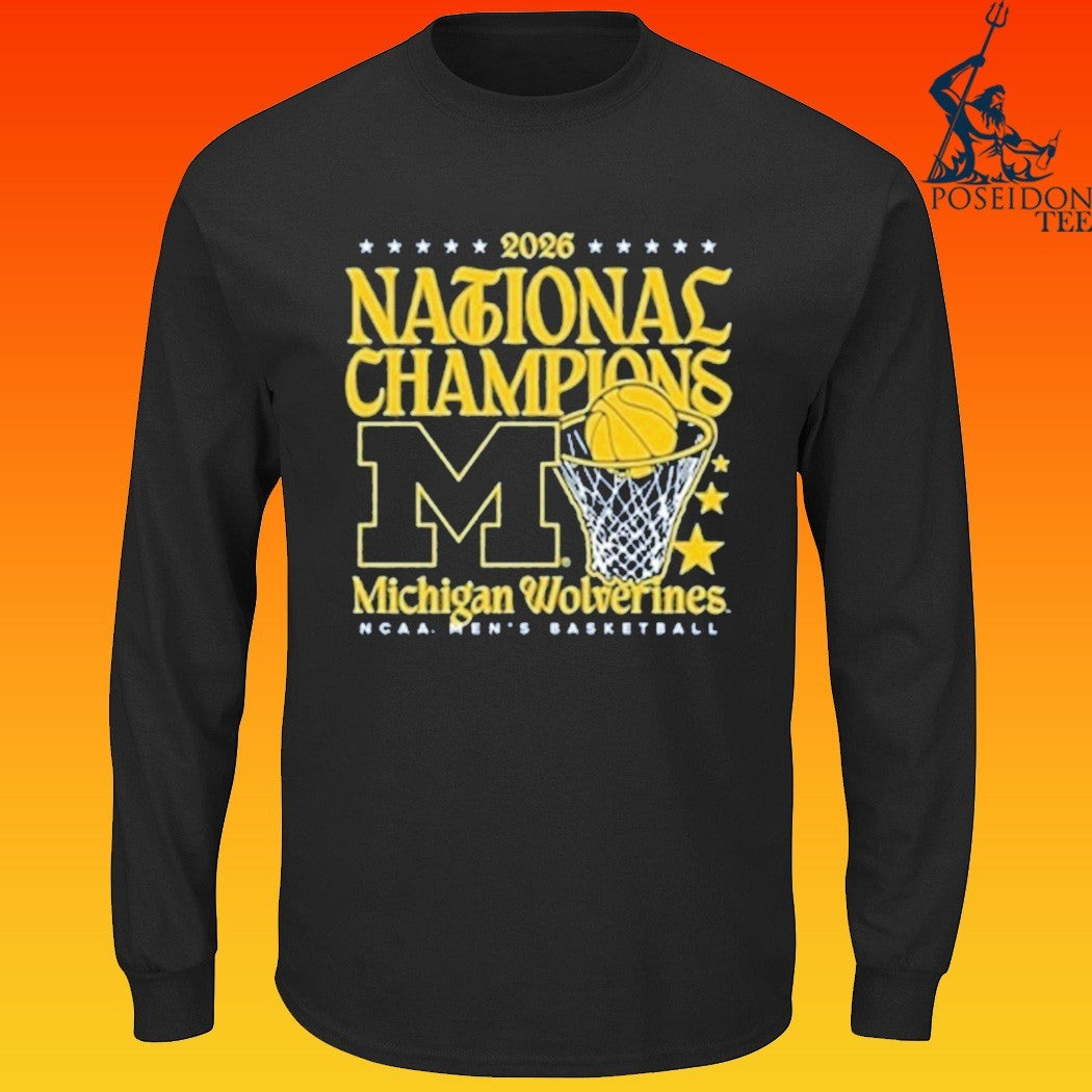 Michigan Wolverines Womens Navy Blue Mbb National Champs 2026 Hoop T-shirt