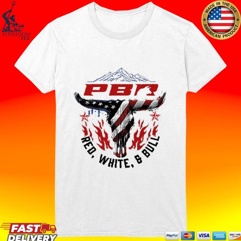 Professional Bull Riding PBR Red, White, And Bull Mountain Skull T-shirt