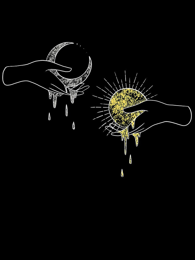 Moon and Sun. Celestial illustration of hands holding a dripping moon and sun by MugDesignStore