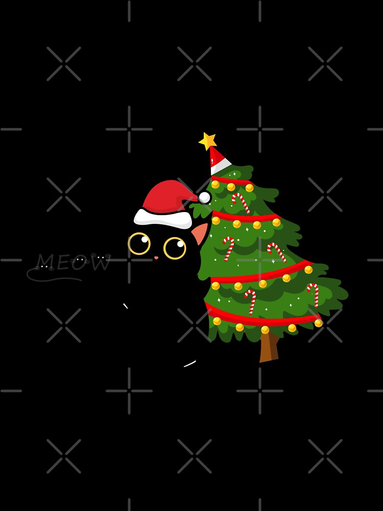 Funny black cat pushing christmas tree by sammanstore