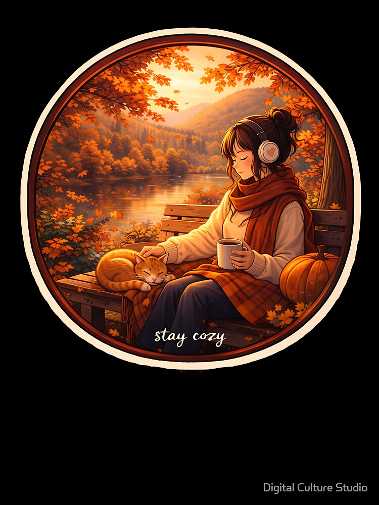 Cozy Autumn Vibes ? Lofi Girl With Cat Fall Aesthetic Art by Digital Culture Studio