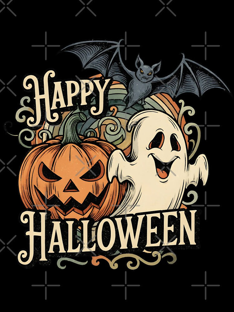 Retro Halloween Ghost, Pumpkin and Bat – Cute Spooky Design by FayeAndFriends