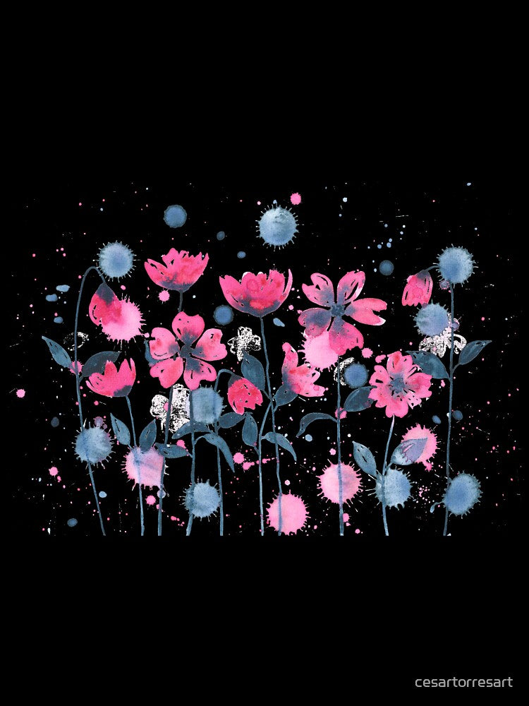 Garden of pink flowers painted with watercolors by cesartorresart