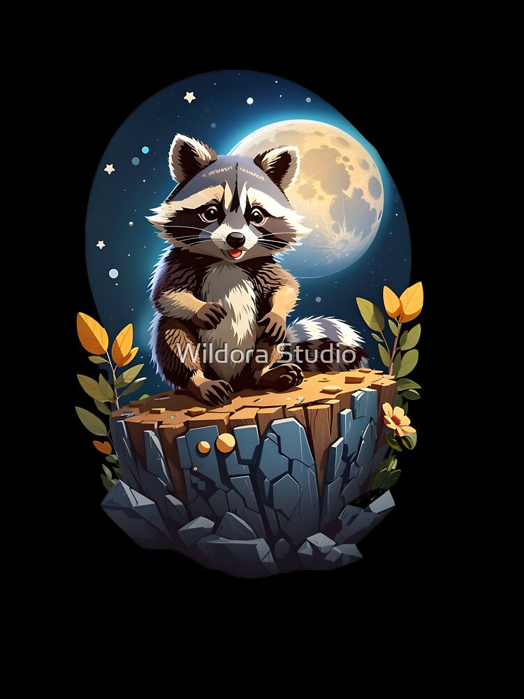raccoon moon, cute raccoon, baby raccoon, kitten raccoon by Wildora Studio