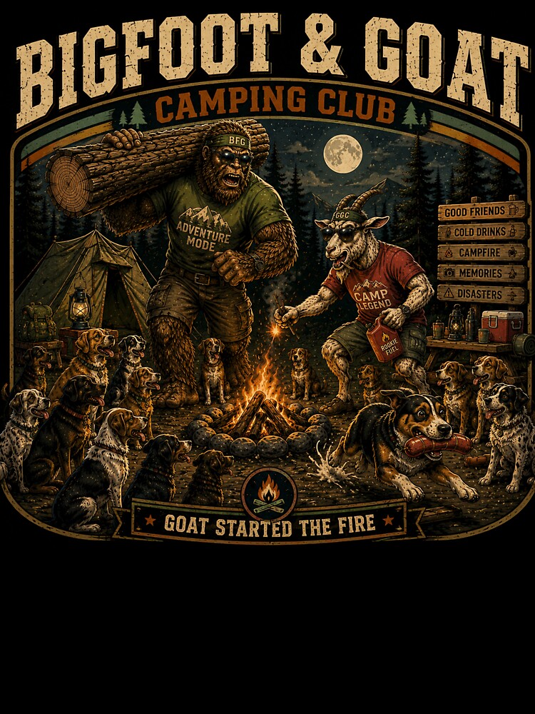 Bigfoot And Goat Camping Club Goat Started The Fire Vintage Retro Camping T Shirt by NicheBloom