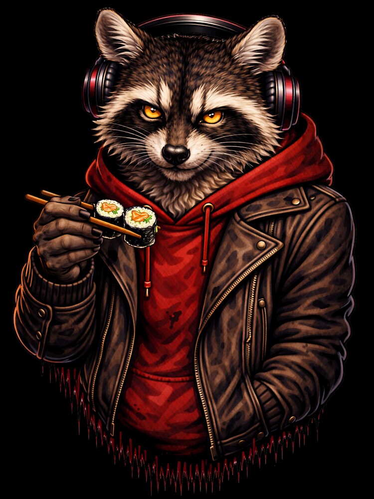 Mischievous Raccoon Eating Sushi – Cool Streetwear Animal Art by ColorSplash123