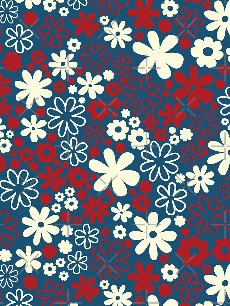 Classic Retro Vintage 50s Christmas Flower Pattern in Blue Red Cream by blomastudios